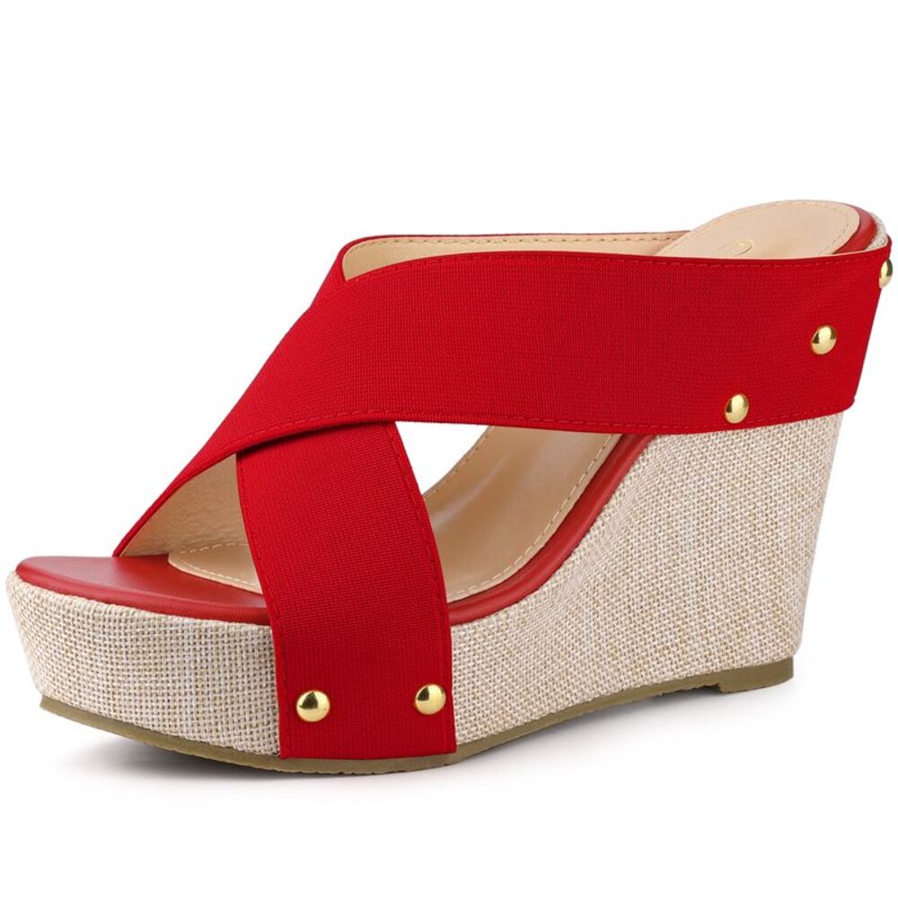 Open Toe Platform Linen Slide Wedge Sandals Red